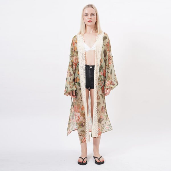 Open Front Floral Lace Trim Draped Kimonos - Image 2