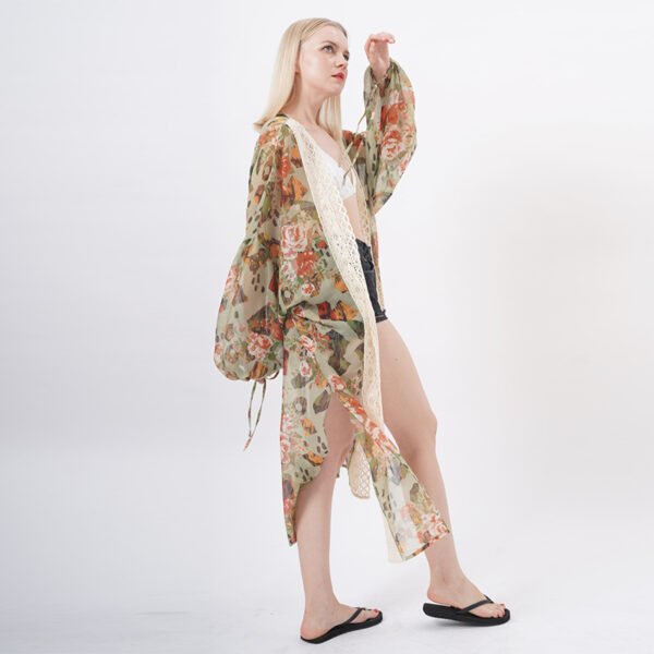 Open Front Floral Lace Trim Draped Kimonos - Image 7