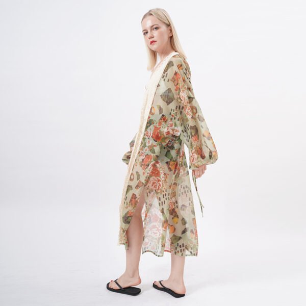 Open Front Floral Lace Trim Draped Kimonos