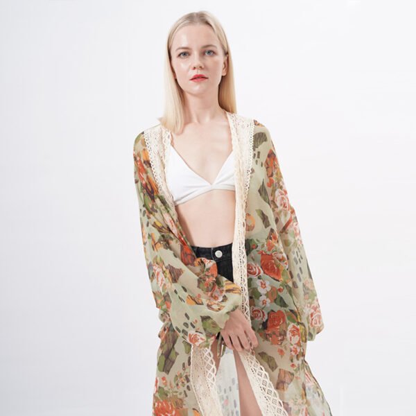 Open Front Floral Lace Trim Draped Kimonos - Image 5