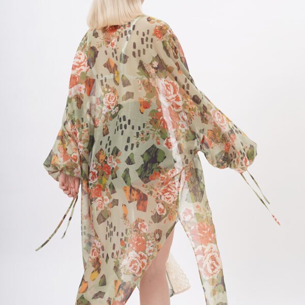 Open Front Floral Lace Trim Draped Kimonos - Image 3