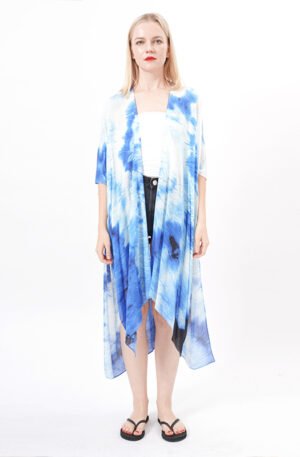 Open Front Blue Tie Dye Kimono Coverup
