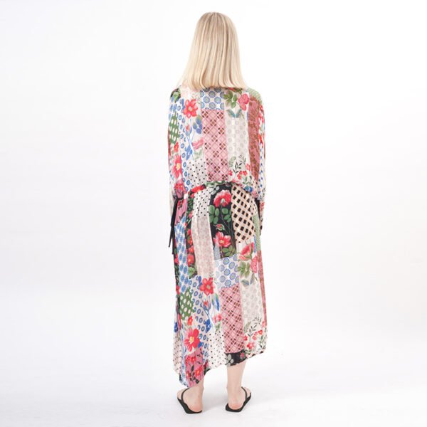 Floral Geo Print Maxi Kimono with Tie - Image 3