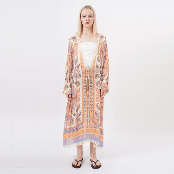 Lace Trim Drawstring Maxi Dress Wrap Floral Kimono - Image 7