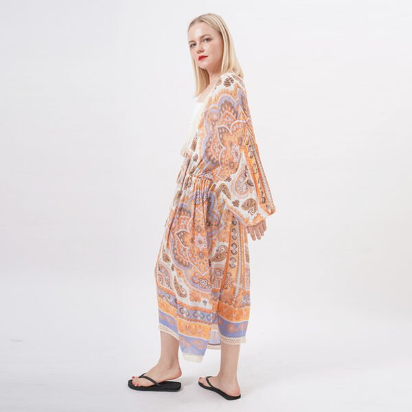 Lace Trim Drawstring Maxi Dress Wrap Floral Kimono