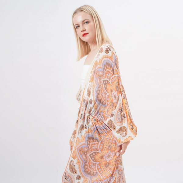 Lace Trim Drawstring Maxi Dress Wrap Floral Kimono - Image 4