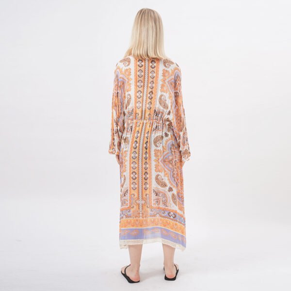 Lace Trim Drawstring Maxi Dress Wrap Floral Kimono - Image 3