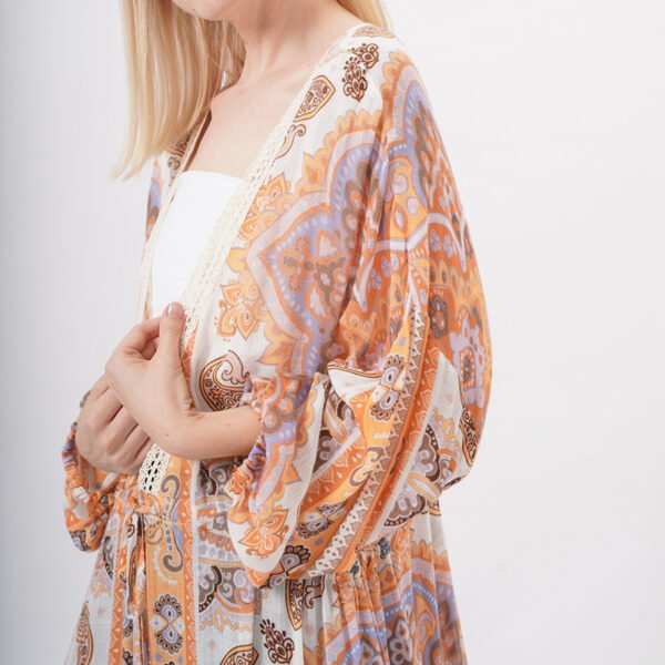 Lace Trim Drawstring Maxi Dress Wrap Floral Kimono - Image 2