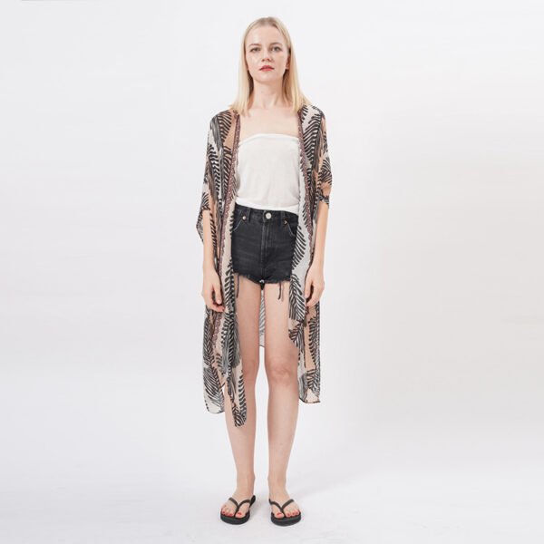Open Front Leaf Printed Kimono - Image 7