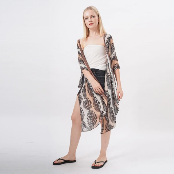 Open Front Leaf Printed Kimono - Image 4