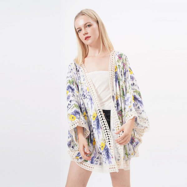 Lace Trim Casual Wrap Bikini Cover Up Blouse - Image 4
