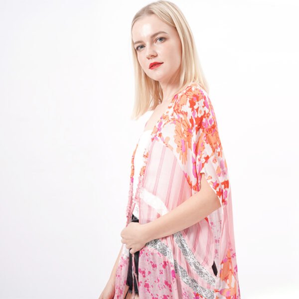 Open Front Patchwork Floral Draped Kimonos - Image 4