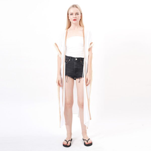 Short Sleeve Kimono Cardigan with Tassels Trim