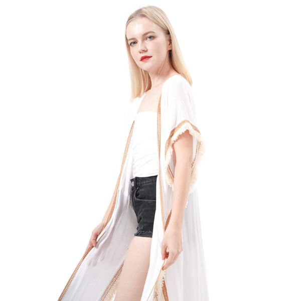 Short Sleeve Kimono Cardigan with Tassels Trim - Image 4