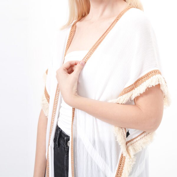 Short Sleeve Kimono Cardigan with Tassels Trim - Image 2