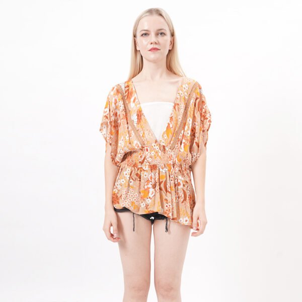 Short Sleeve V-Neck Floral Bikini Beach Tunic Top - Image 7