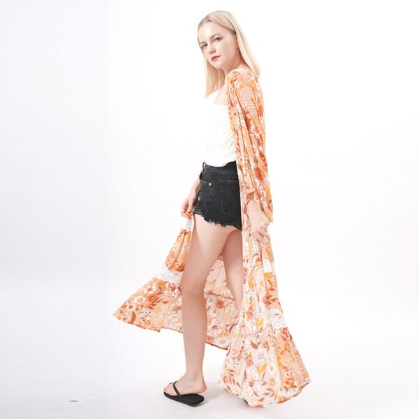 Open Front Floral Printed Lace Trim Draped Kimonos - Image 3