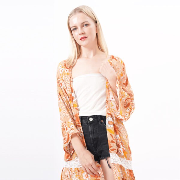 Open Front Floral Printed Lace Trim Draped Kimonos - Image 2