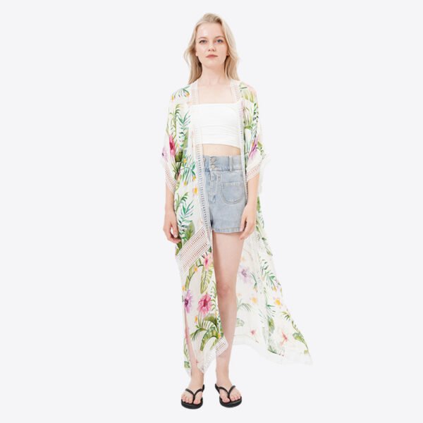Lace Trim Floral Printed Maxi Kimono Cardigans