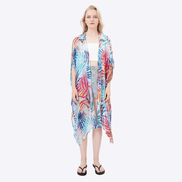 Casual Leaves Patterns Maxi Kimonos with Lapel - Image 7