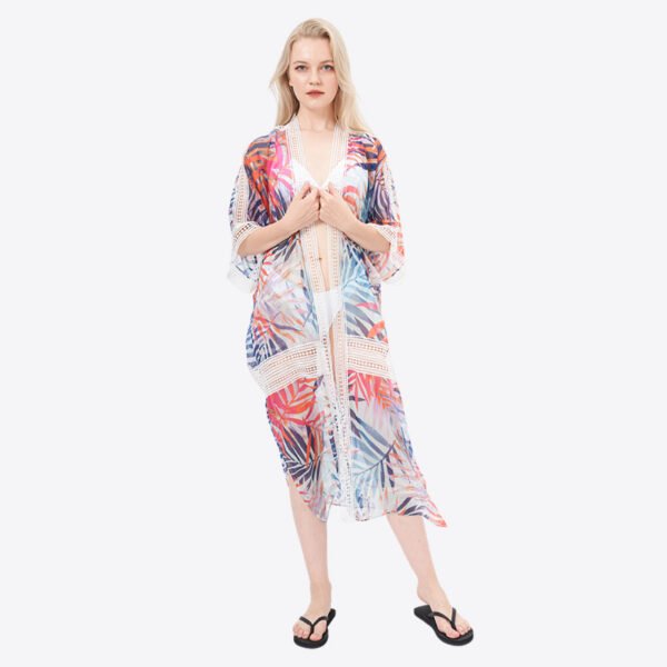 Open Front Leaves Printed Lace Trim Chiffon Kimonos