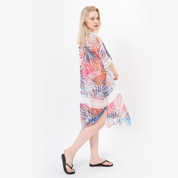 Open Front Leaves Printed Lace Trim Chiffon Kimonos - Image 6