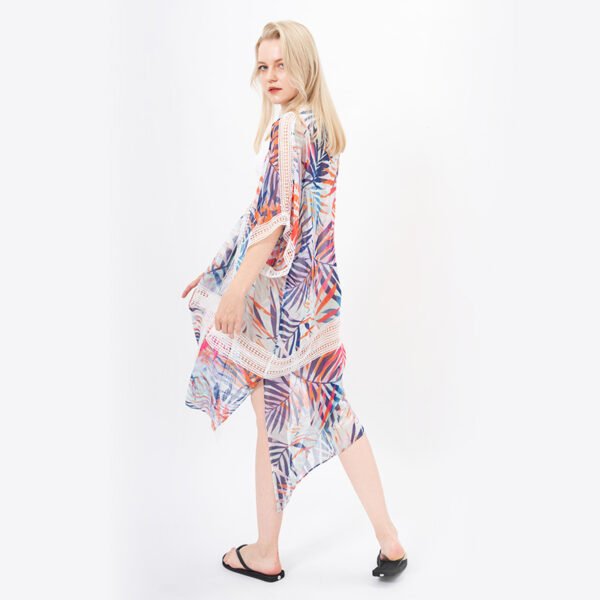 Open Front Leaves Printed Lace Trim Chiffon Kimonos - Image 5