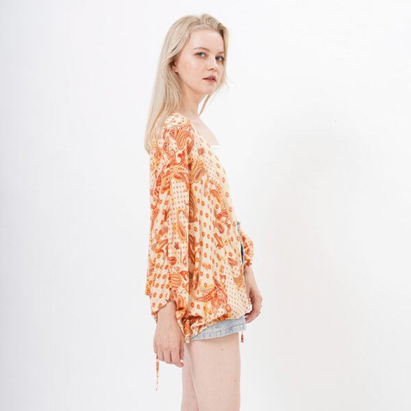 Puff Sleeve Paisley Printed Kimono Blouse Tops - Image 6