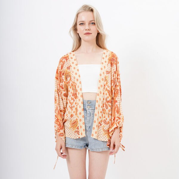 Puff Sleeve Paisley Printed Kimono Blouse Tops - Image 2