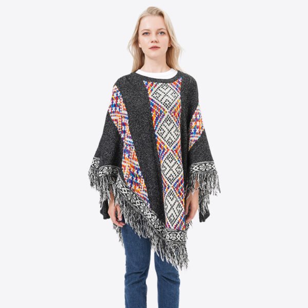 Fringed Hem Knitting Cape Poncho Sweater
