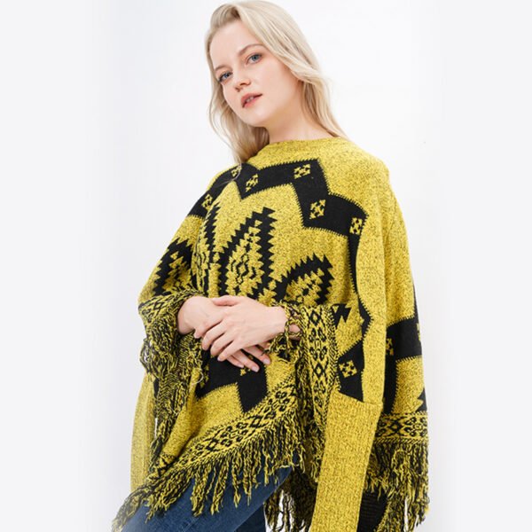 Women Tassels Jacquard Knitting Poncho Wraps - Image 4