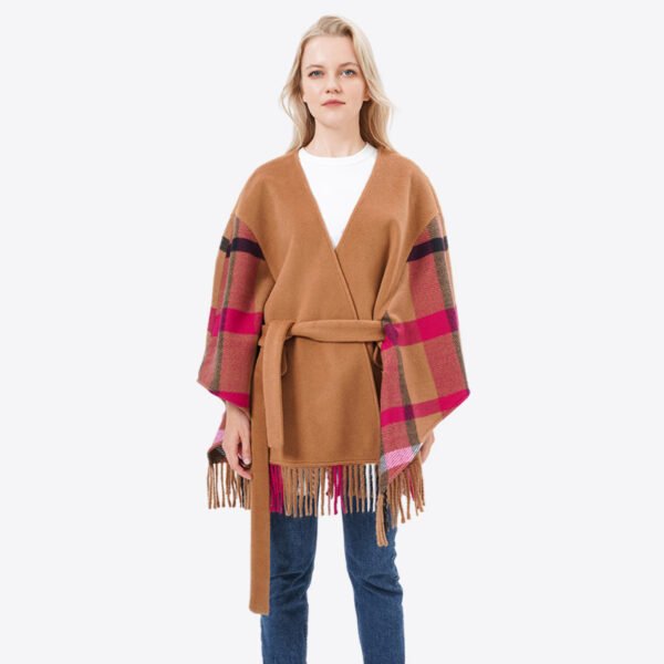 Women Tassels Knitting Plaid Poncho with Belt - Image 7