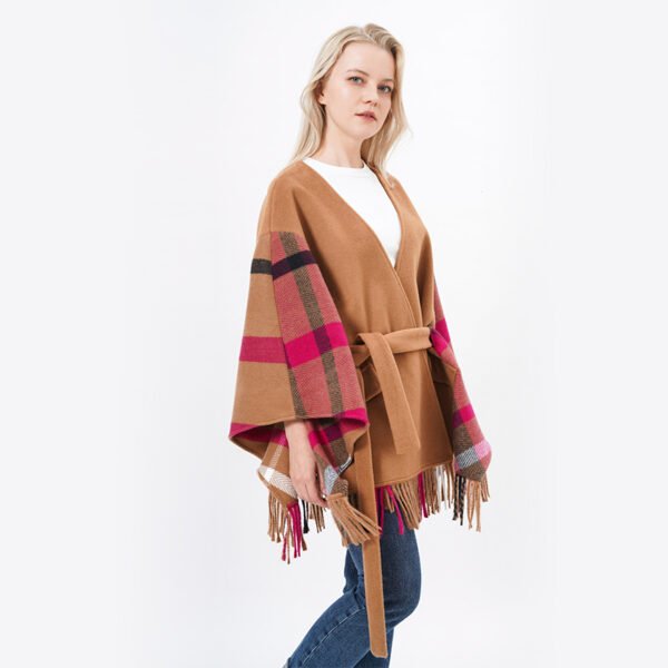 Women Tassels Knitting Plaid Poncho with Belt