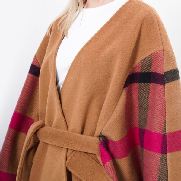 Women Tassels Knitting Plaid Poncho with Belt - Image 2