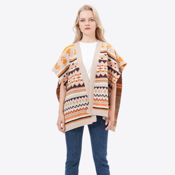 Jacquard Knitted Acrylic Cropped Poncho Sweater - Image 2