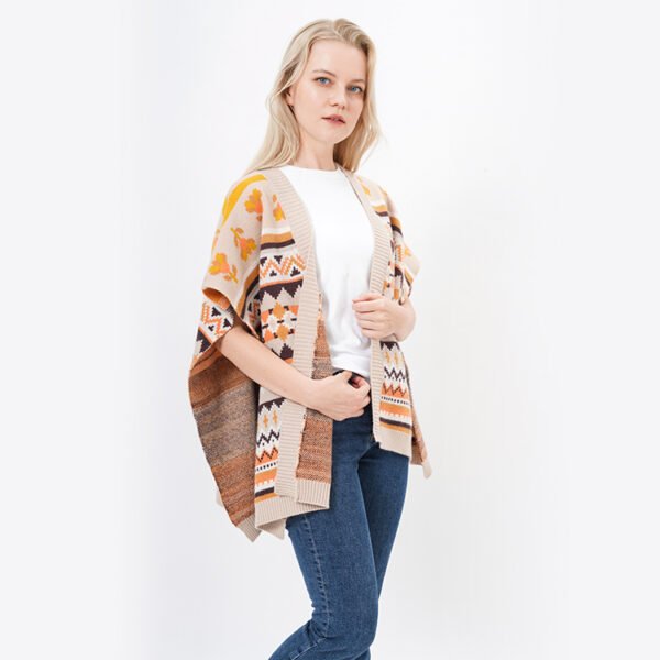Jacquard Knitted Acrylic Cropped Poncho Sweater - Image 7