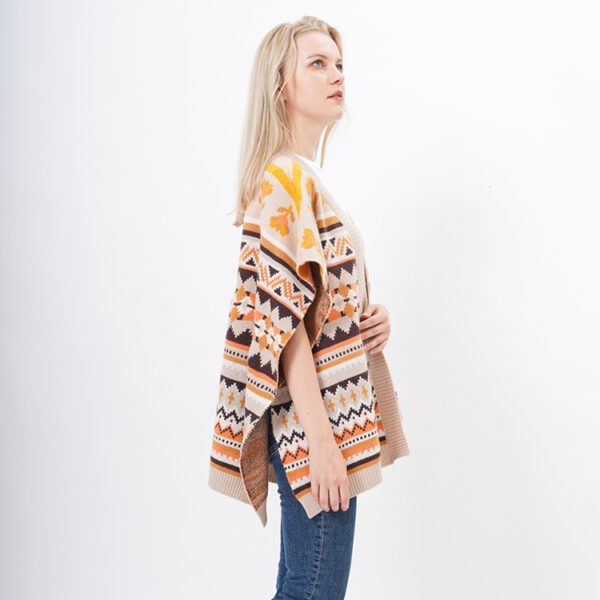 Jacquard Knitted Acrylic Cropped Poncho Sweater - Image 6