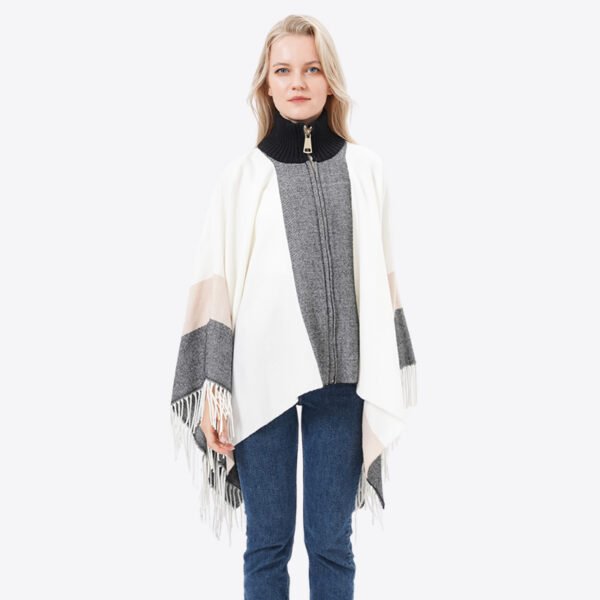 High Neck Striped Acrylic Poncho with Zip