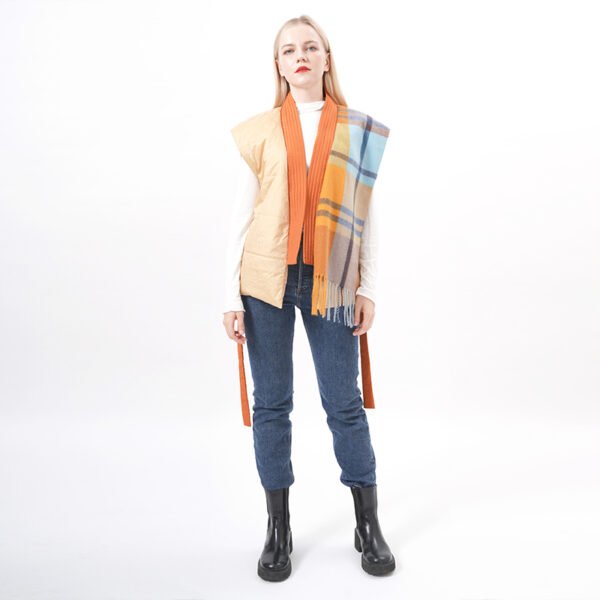 Tassels Plaid Padded Vest with Belt