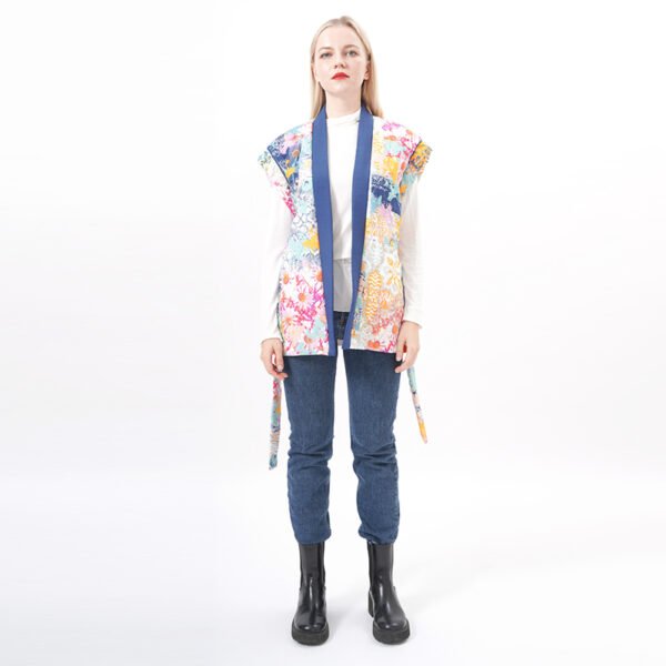 Floral Printed Quilted Vest Padded Gilet with Belt