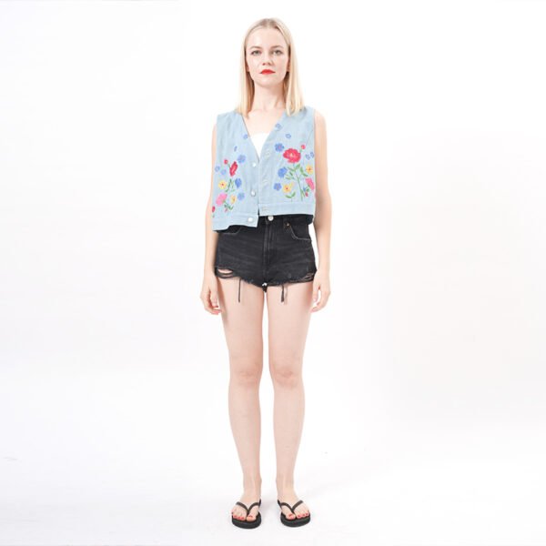 Sleeveless Button Down Embroidered Denim Vest - Image 7