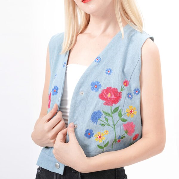 Sleeveless Button Down Embroidered Denim Vest - Image 2