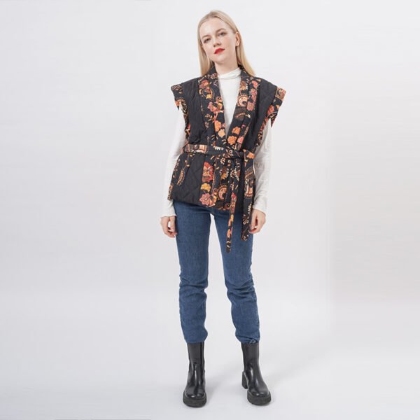 Floral Printed Padded Belted Puffer Vest