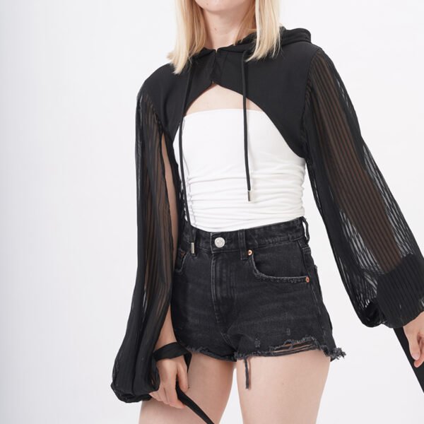 Drawstring Long Sleeve Crop Top Hoodie - Image 2