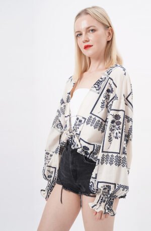 Long Sleeve Cross Wraps Blouse Crop Tops